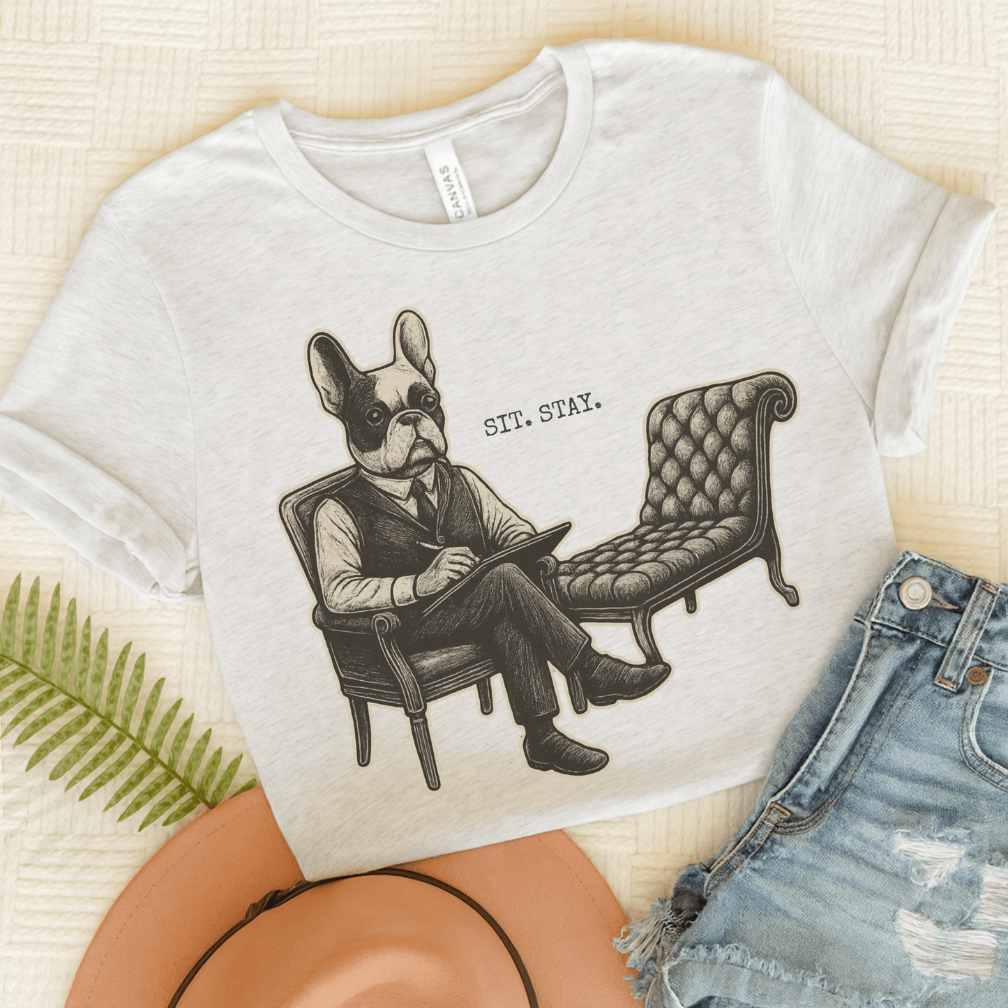 Printify T-Shirt Piebald French Bulldog Sit Stay TShirt