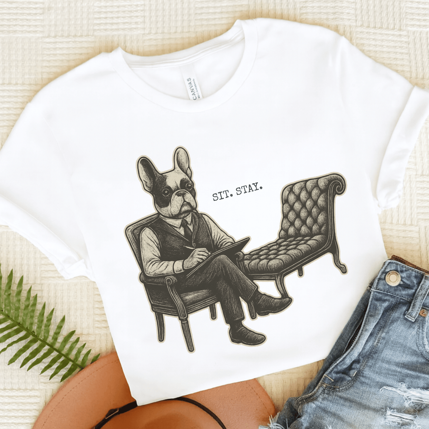 Printify T-Shirt Piebald French Bulldog Sit Stay TShirt