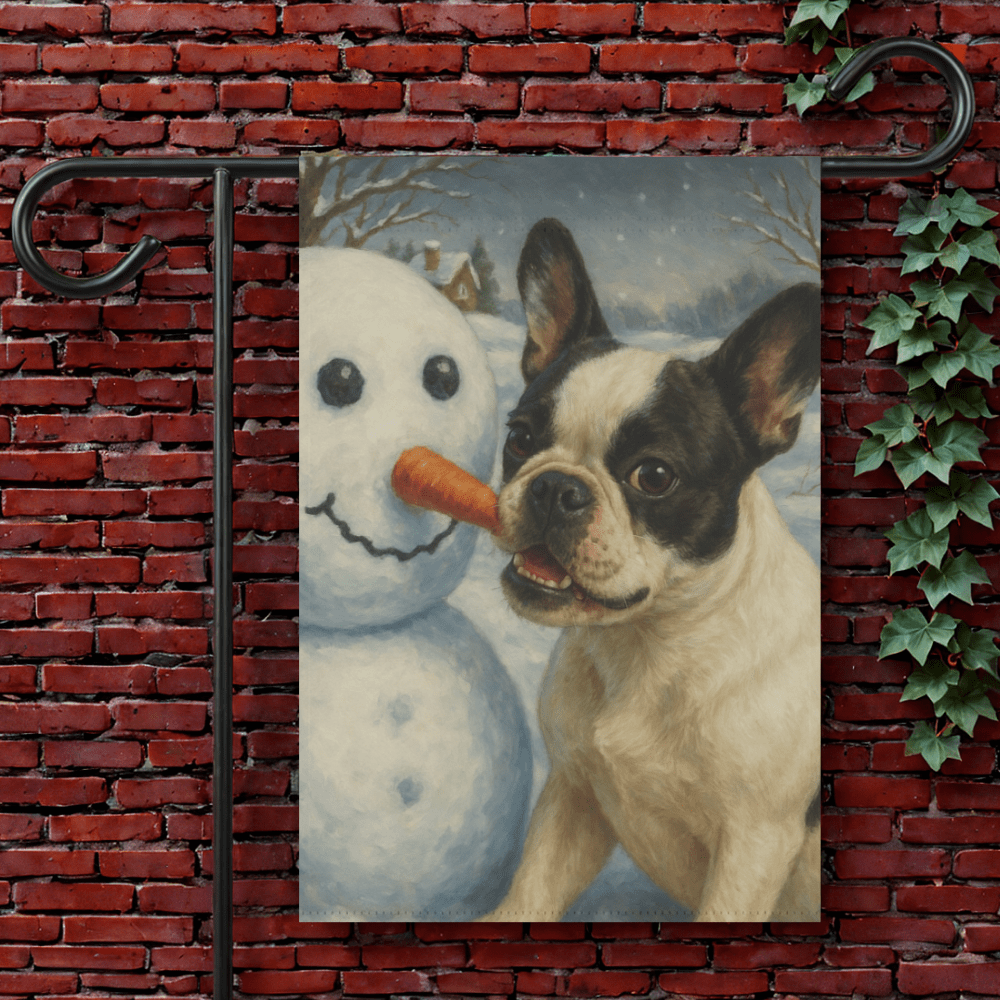 Piebald French Bulldog Snowman Garden Flag 12'' × 18''