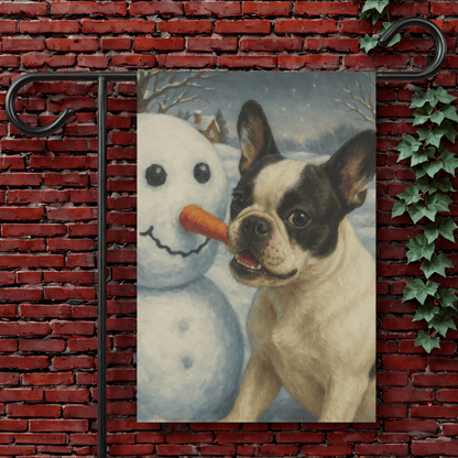 Piebald French Bulldog Snowman Garden Flag 12'' × 18''