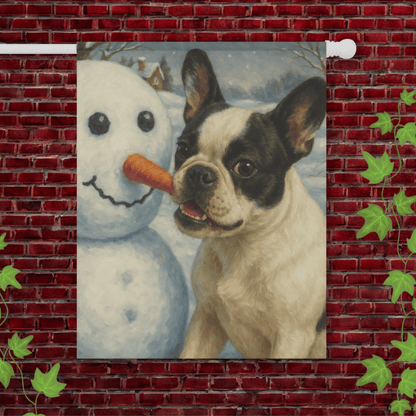 Piebald French Bulldog Snowman Garden Flag 24.5'' × 32''