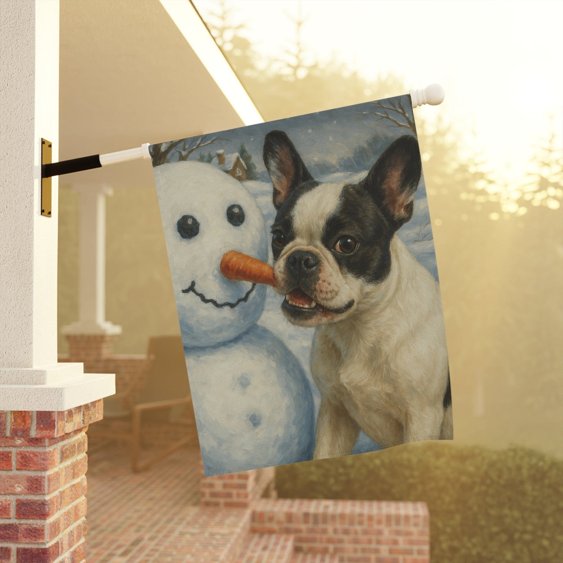 Piebald French Bulldog Snowman Garden Flag