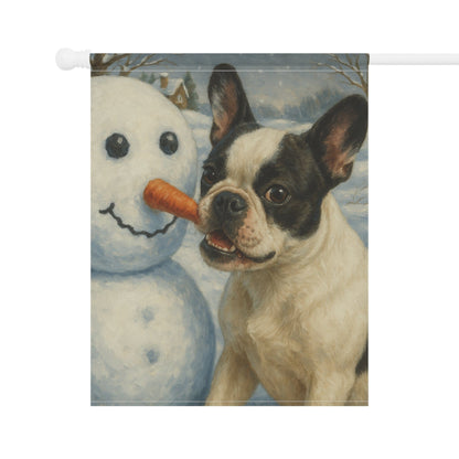 Piebald French Bulldog Snowman Garden Flag
