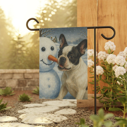 Piebald French Bulldog Snowman Garden Flag
