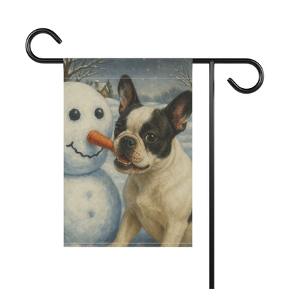 Piebald French Bulldog Snowman Garden Flag