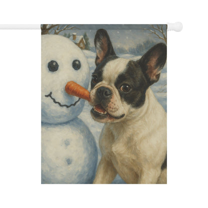 Piebald French Bulldog Snowman Garden Flag