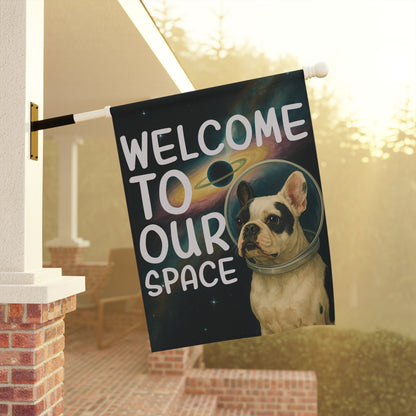 Piebald French Bulldog Space Garden Flag
