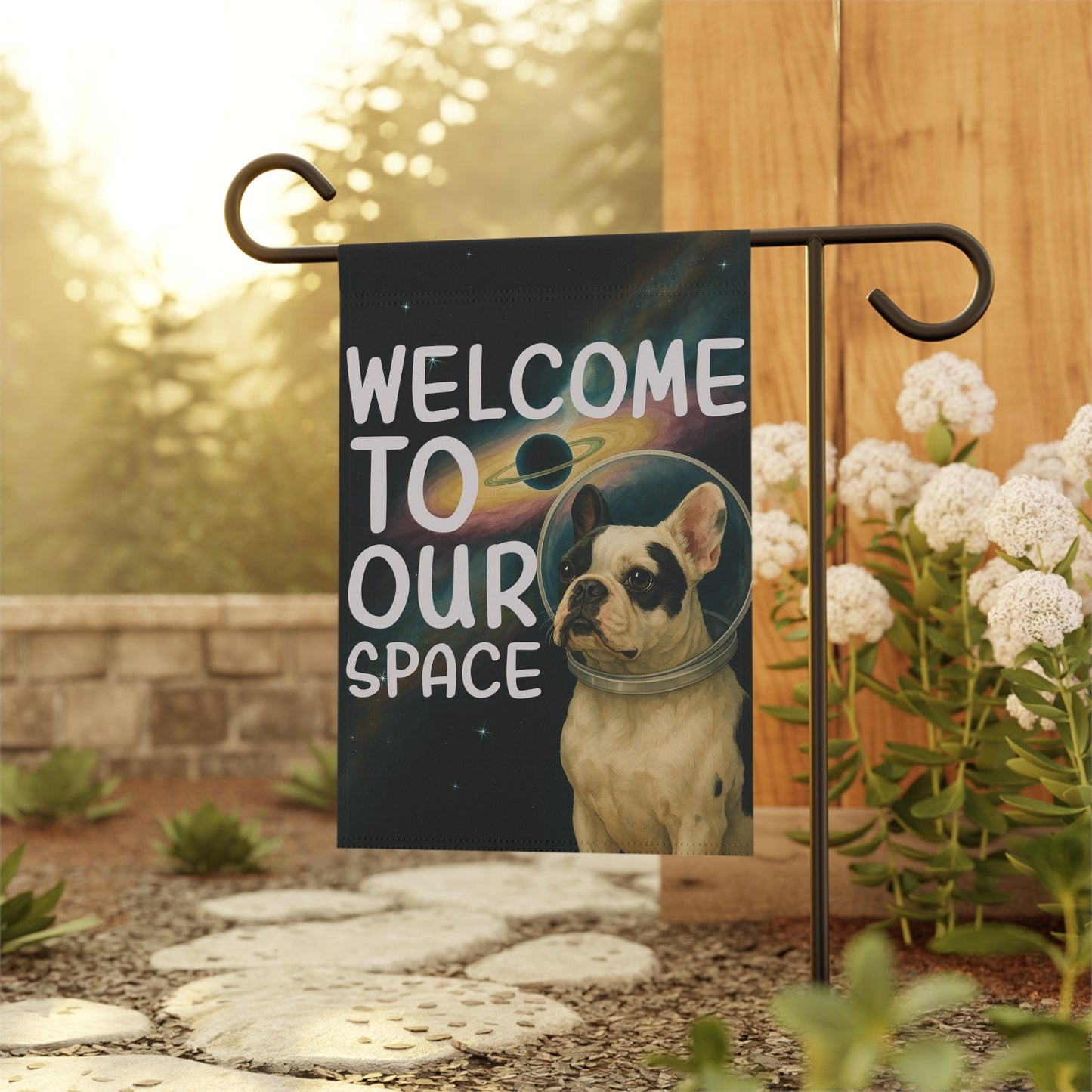 Piebald French Bulldog Space Garden Flag