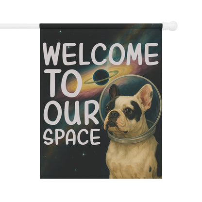 Piebald French Bulldog Space Garden Flag