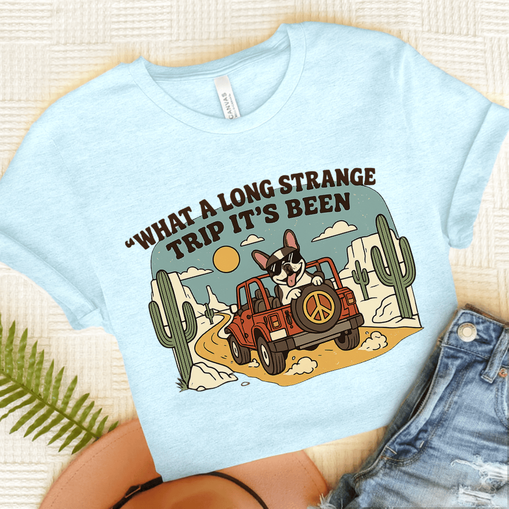 Piebald French Bulldog Strange Desert Travel Unisex TShirt Heather Ice Blue