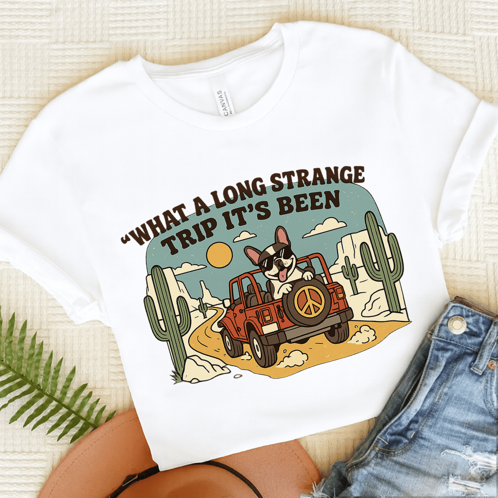 Piebald French Bulldog Strange Desert Travel Unisex TShirt White