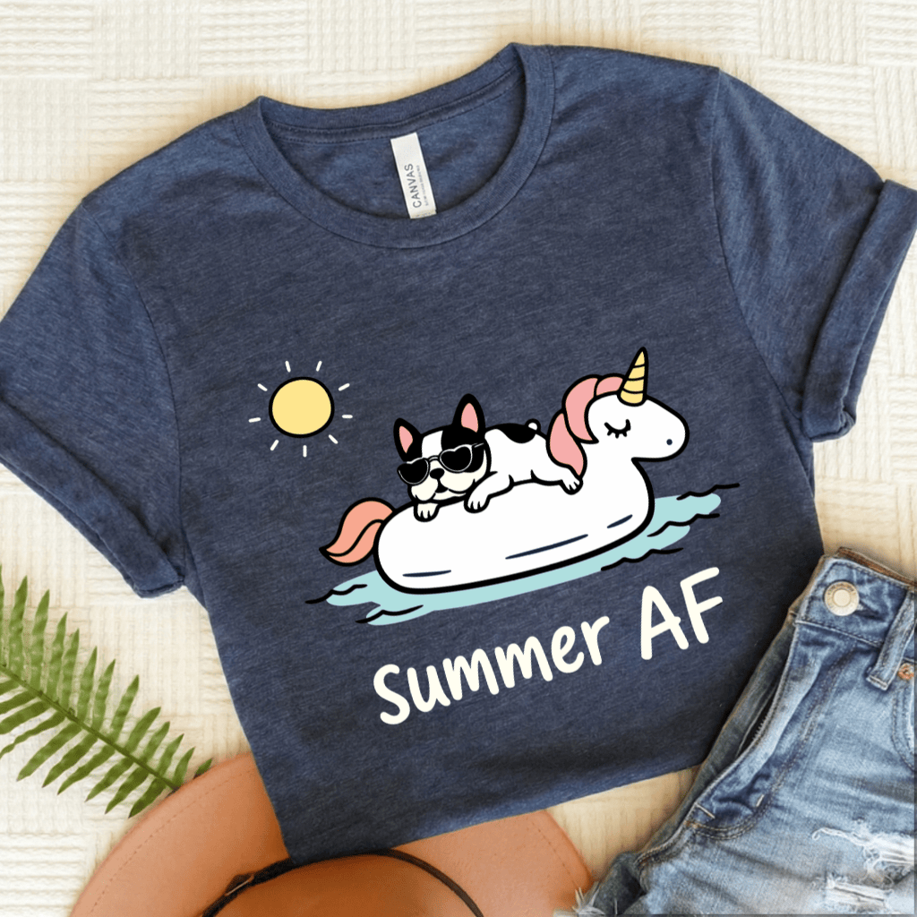 Piebald French Bulldog Summer AF Unisex TShirt Heather Navy