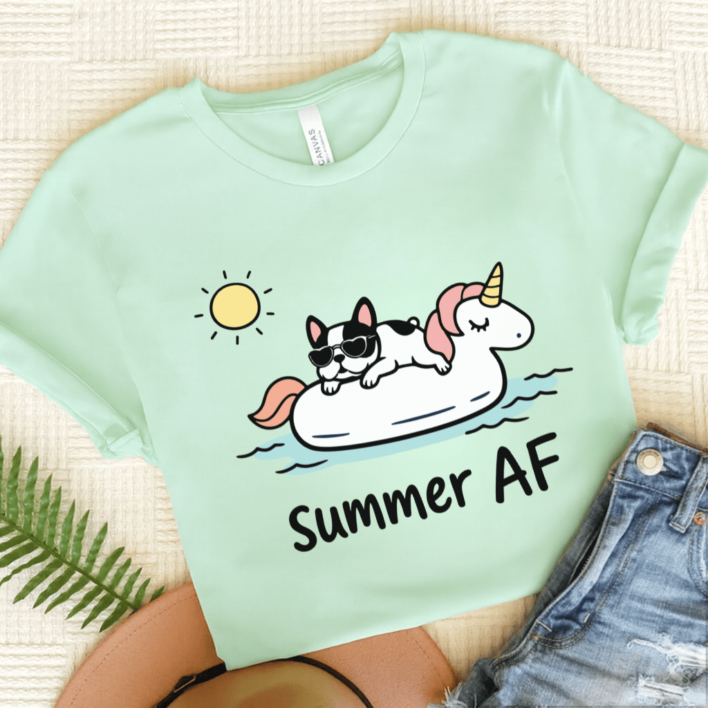 Piebald French Bulldog Summer AF Unisex TShirt Heather Mint