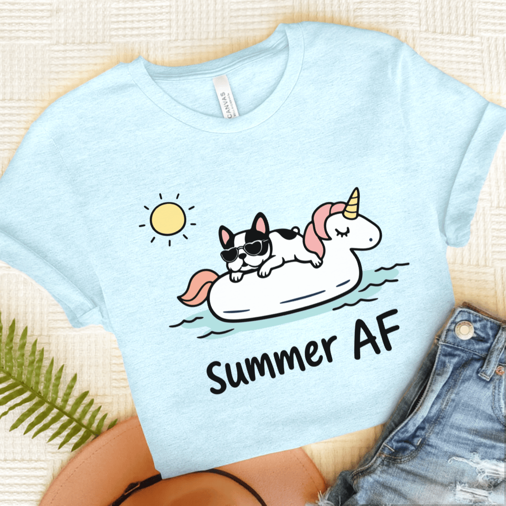 Piebald French Bulldog Summer AF Unisex TShirt Heather Ice Blue