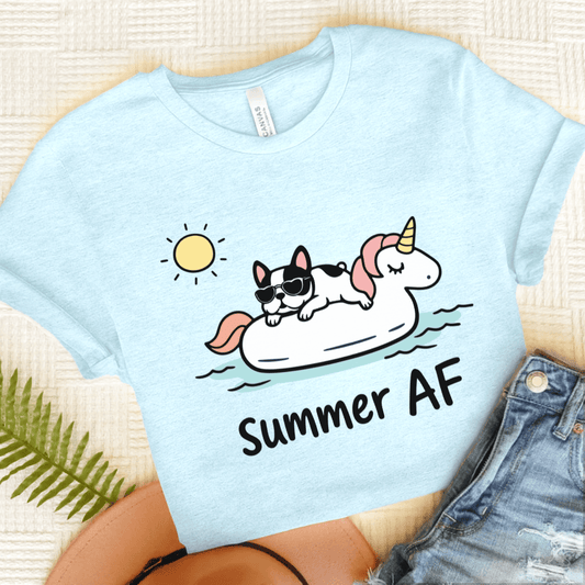 Piebald French Bulldog Summer AF Unisex TShirt Heather Ice Blue