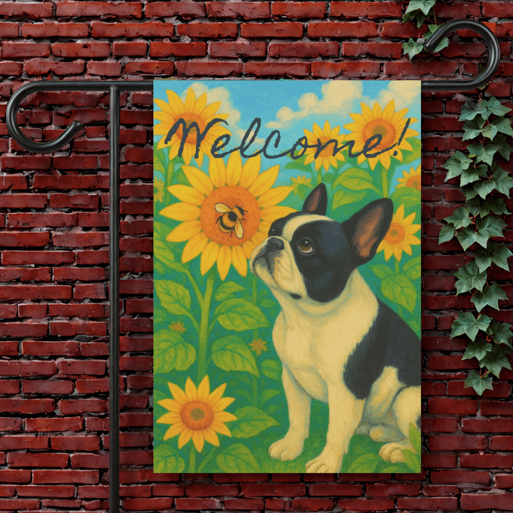 Piebald French Bulldog Sunflower Garden Flag 12'' × 18''