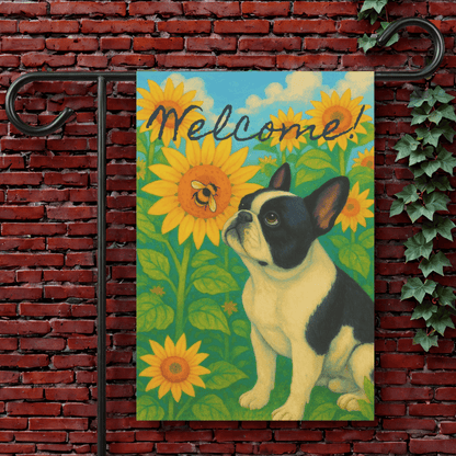 Piebald French Bulldog Sunflower Garden Flag 12'' × 18''