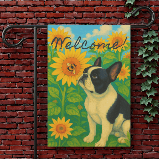 Piebald French Bulldog Sunflower Garden Flag 12'' × 18''
