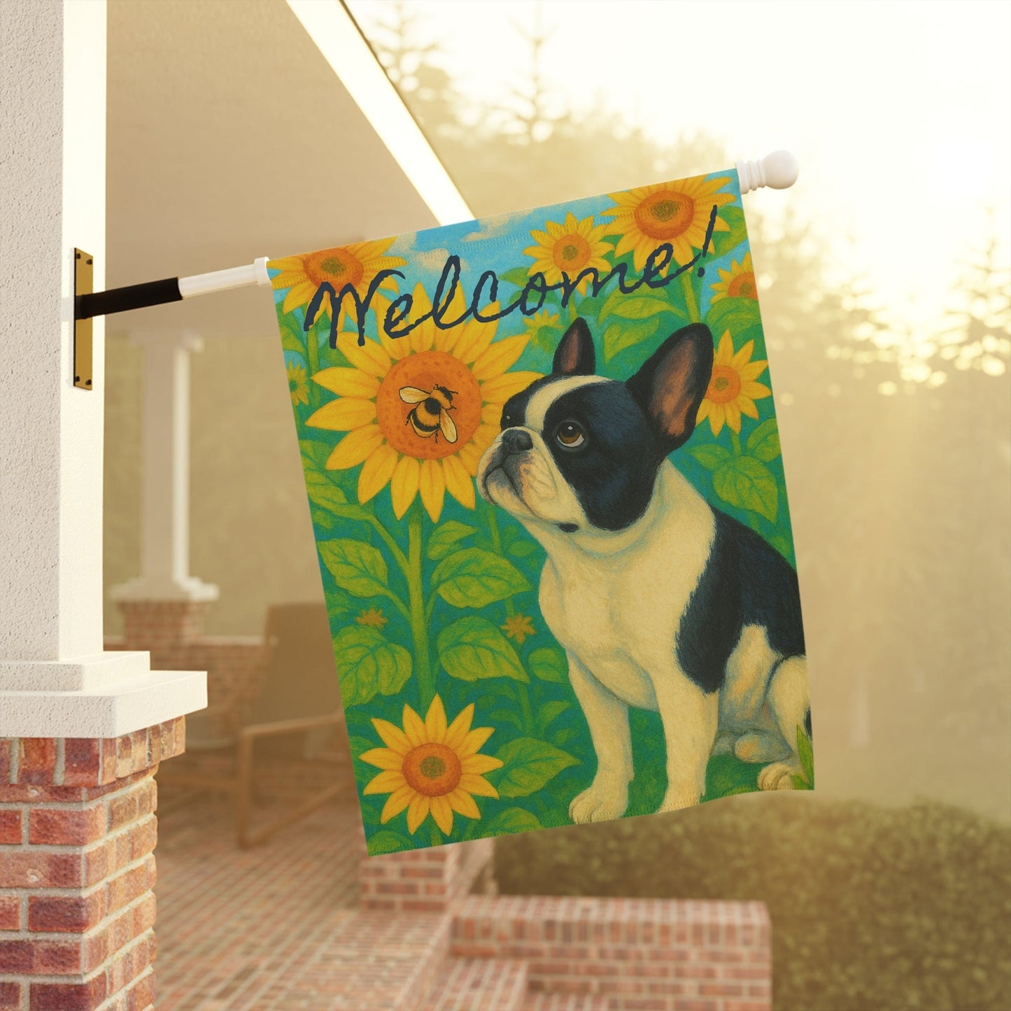Piebald French Bulldog Sunflower Garden Flag