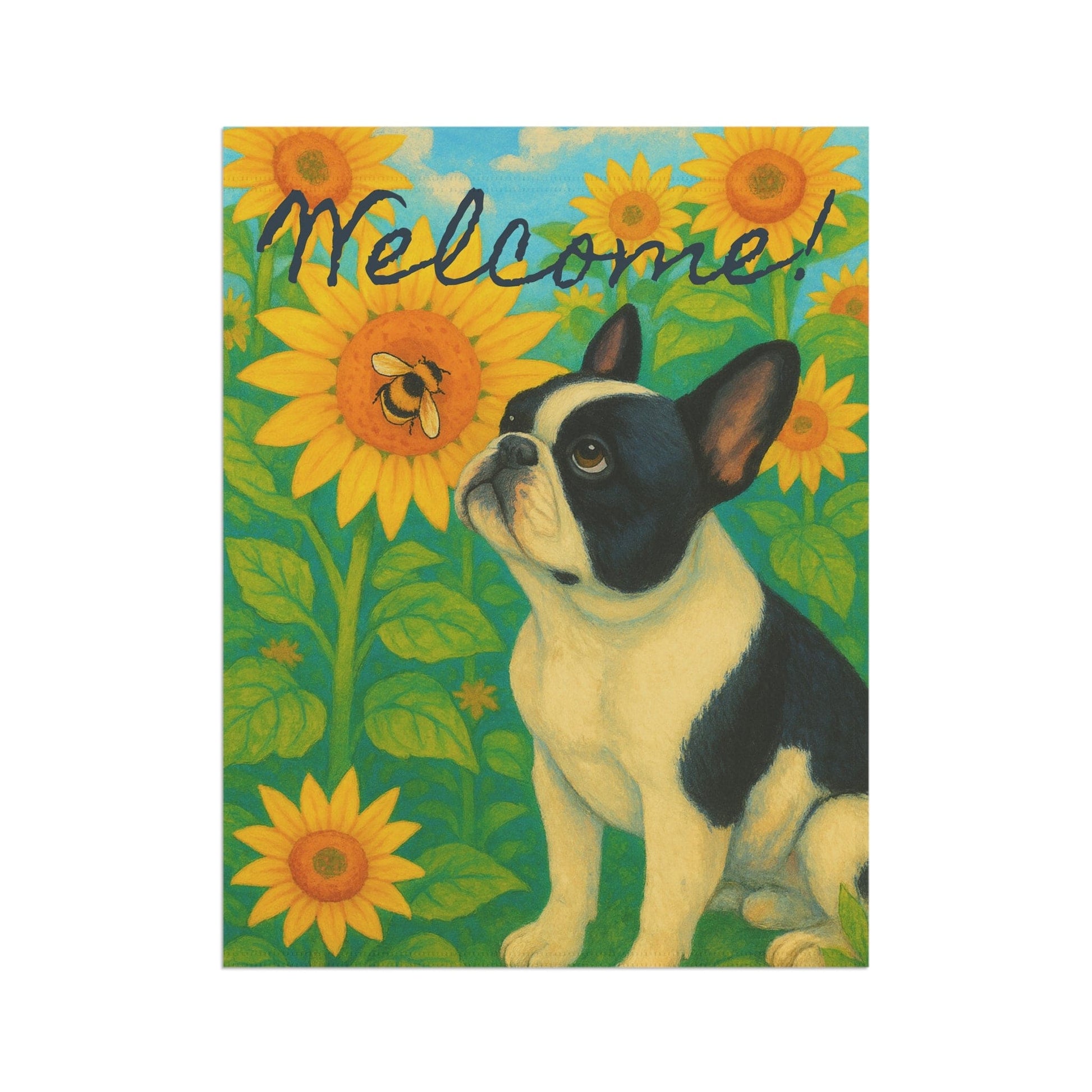 Piebald French Bulldog Sunflower Garden Flag