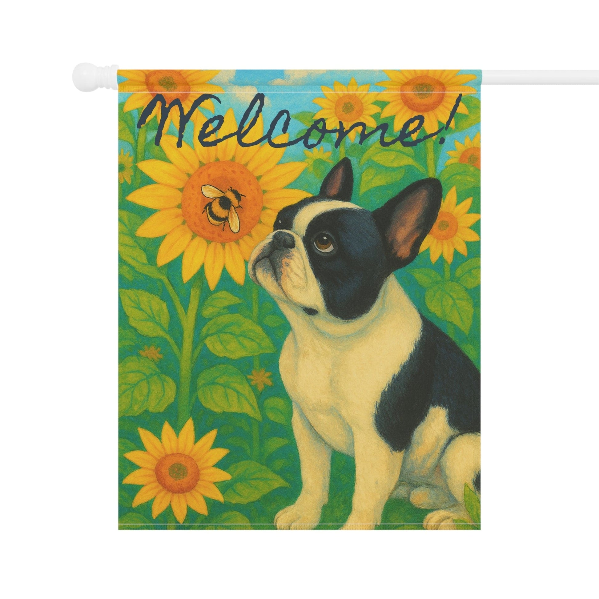 Piebald French Bulldog Sunflower Garden Flag