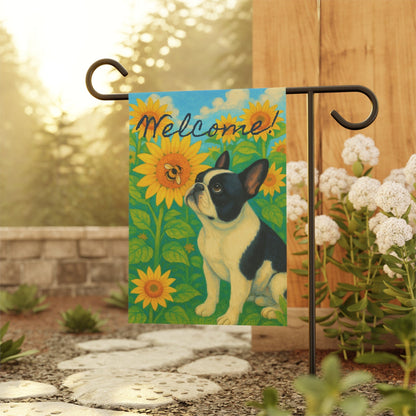 Piebald French Bulldog Sunflower Garden Flag