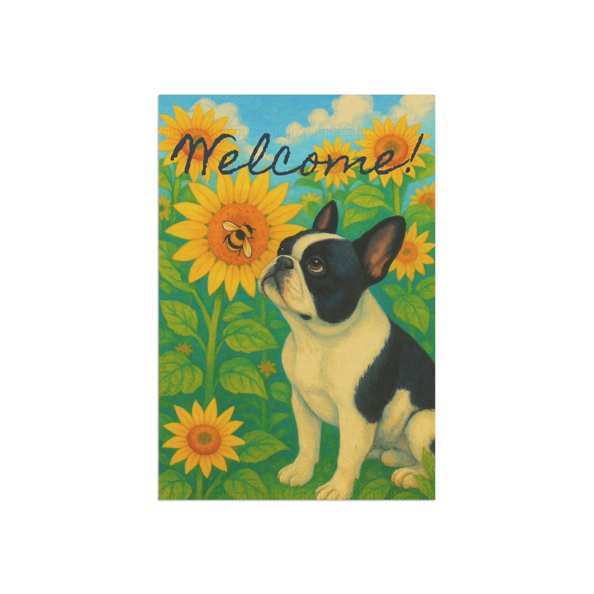 Piebald French Bulldog Sunflower Garden Flag