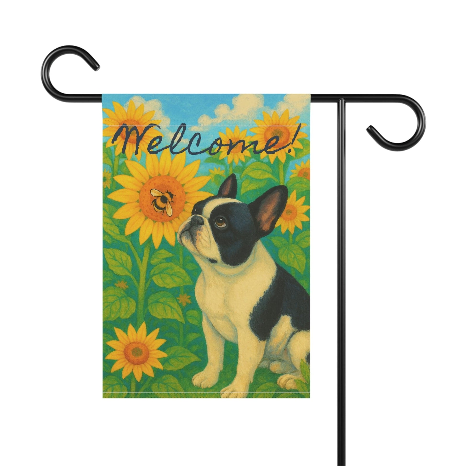Piebald French Bulldog Sunflower Garden Flag