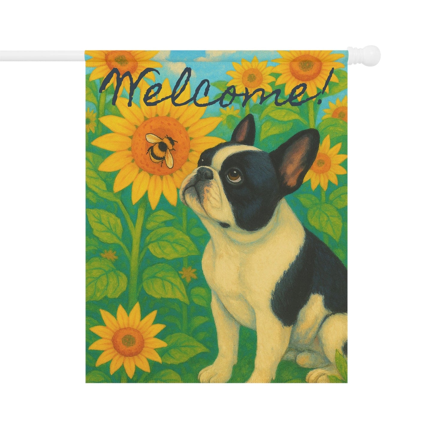 Piebald French Bulldog Sunflower Garden Flag