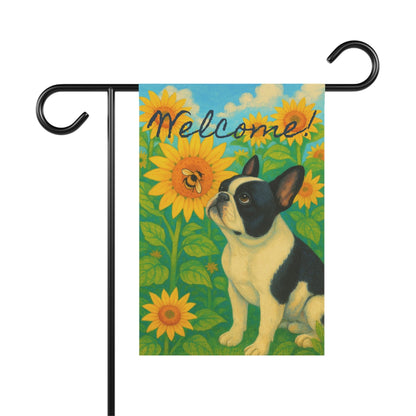 Piebald French Bulldog Sunflower Garden Flag