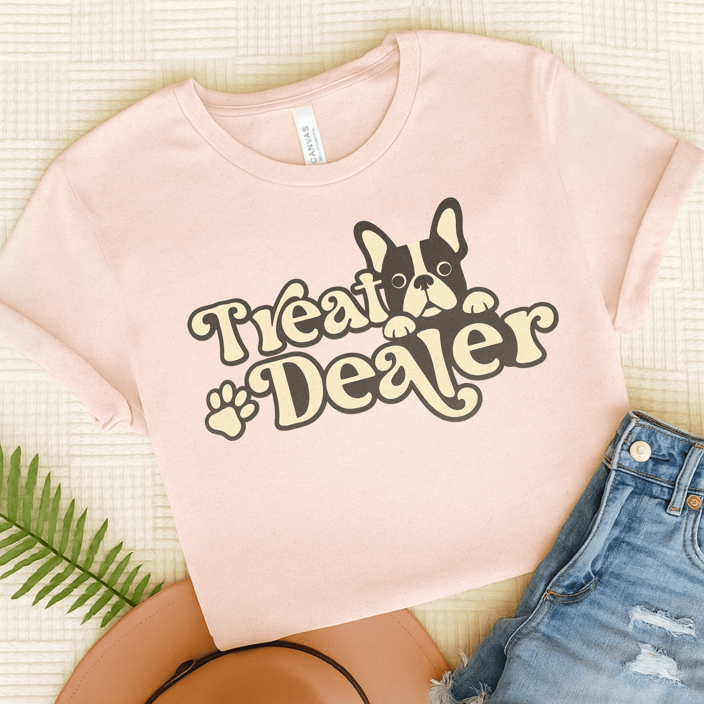 Piebald French Bulldog Treat Dealer TShirt Soft Pink