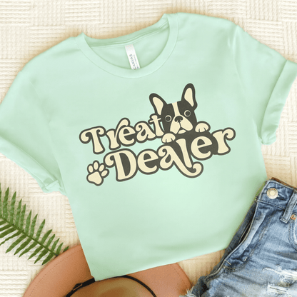 Piebald French Bulldog Treat Dealer TShirt Heather Mint