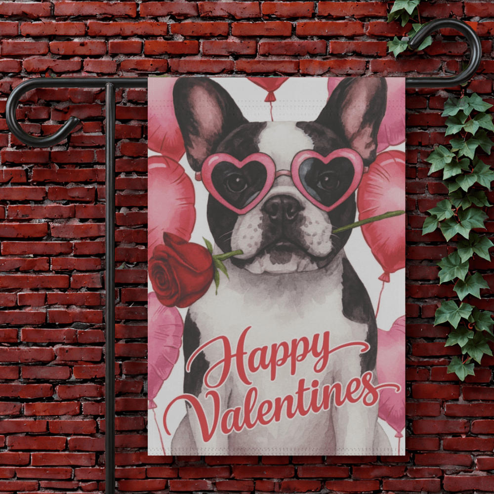 Piebald French Bulldog Valentines Day Garden Flag 12'' × 18''