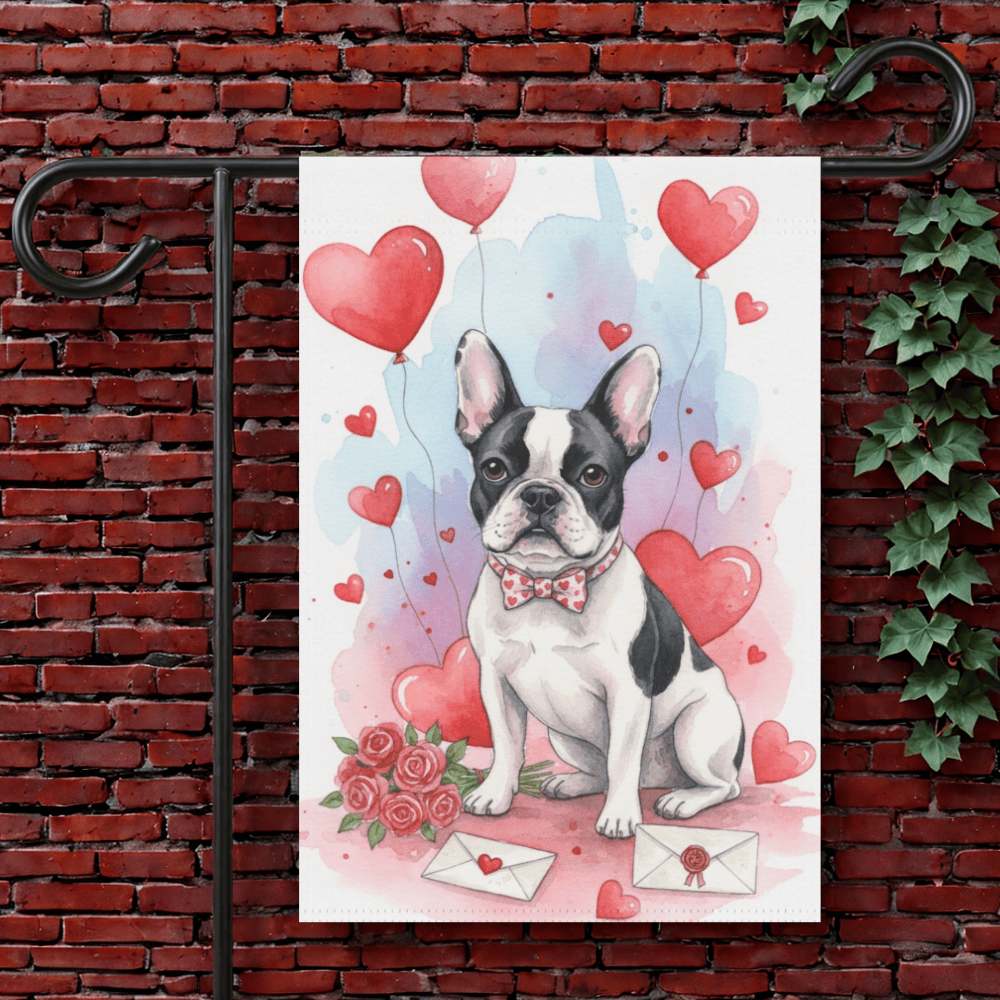 Piebald French Bulldog Valentines Day Garden Yard Flag 12'' × 18''
