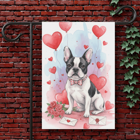 Piebald French Bulldog Valentines Day Garden Yard Flag 12'' × 18''