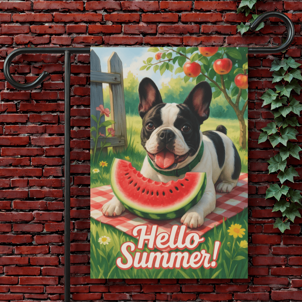 Printify Garden Flag 12'' × 18'' Piebald French Bulldog Watermelon Garden Flag