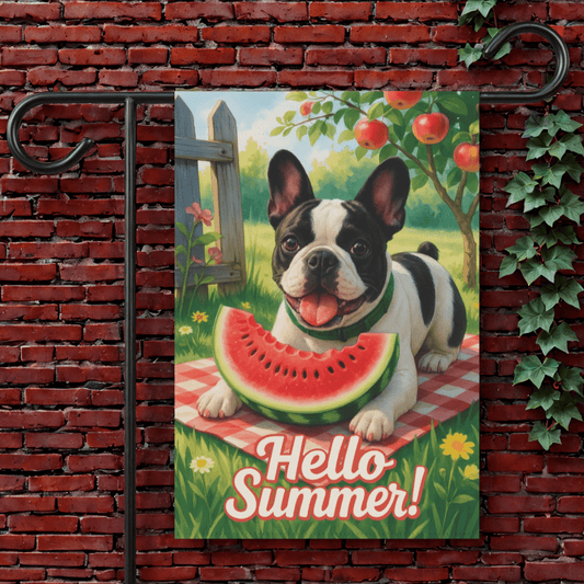 Printify Garden Flag 12'' × 18'' Piebald French Bulldog Watermelon Garden Flag