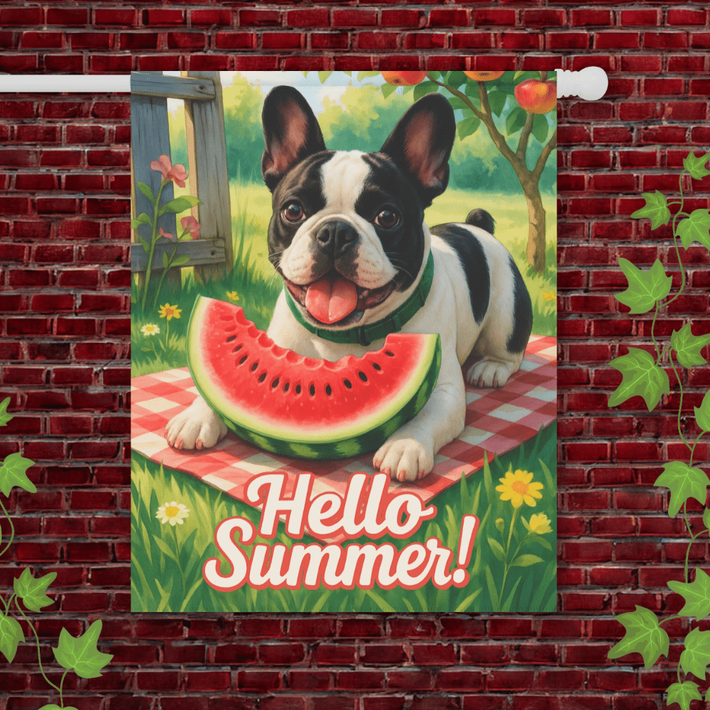Printify Garden Flag 24.5'' × 32'' Piebald French Bulldog Watermelon Garden Flag