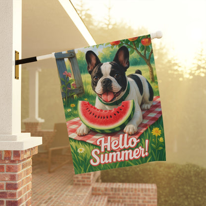 Printify Garden Flag Piebald French Bulldog Watermelon Garden Flag