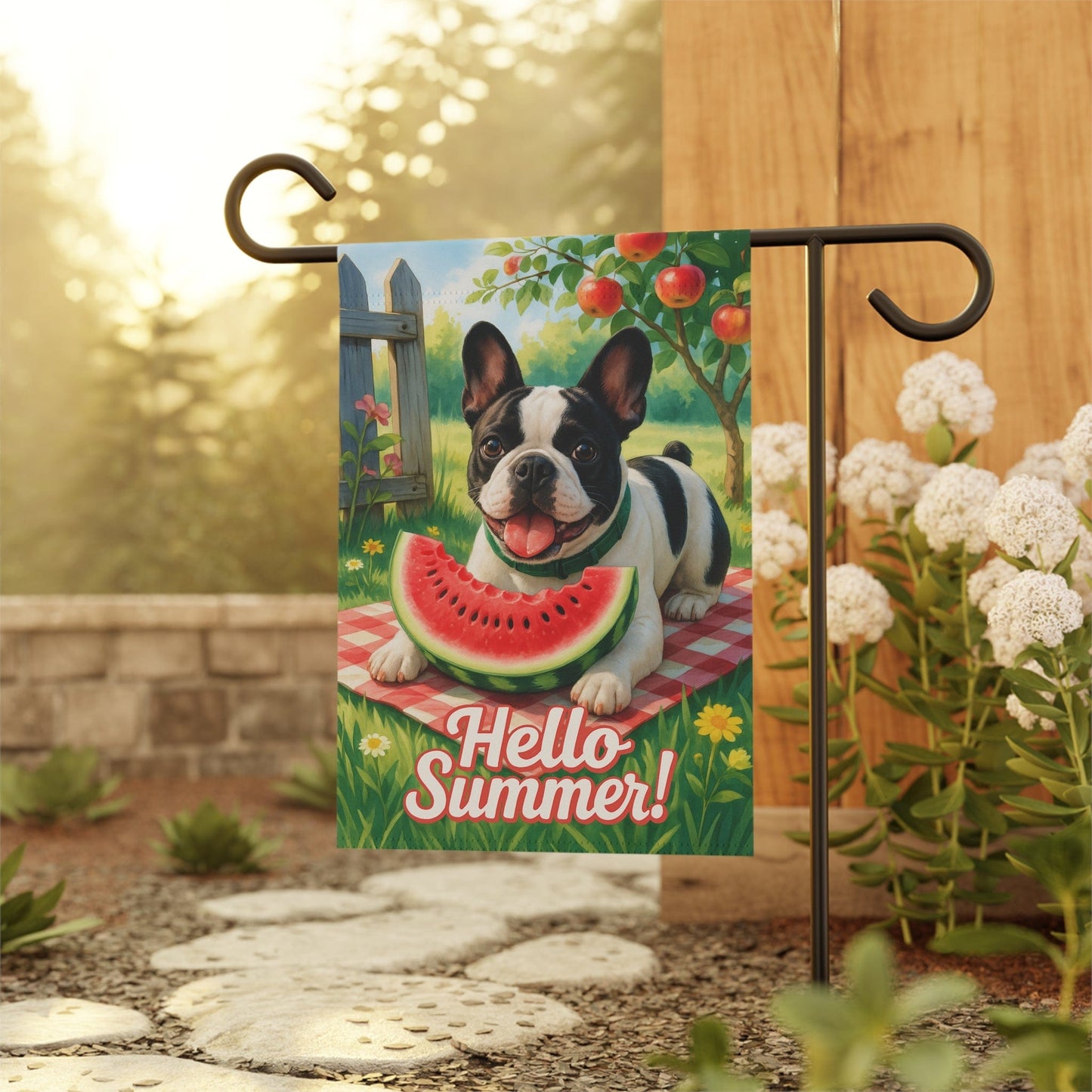 Printify Garden Flag Piebald French Bulldog Watermelon Garden Flag