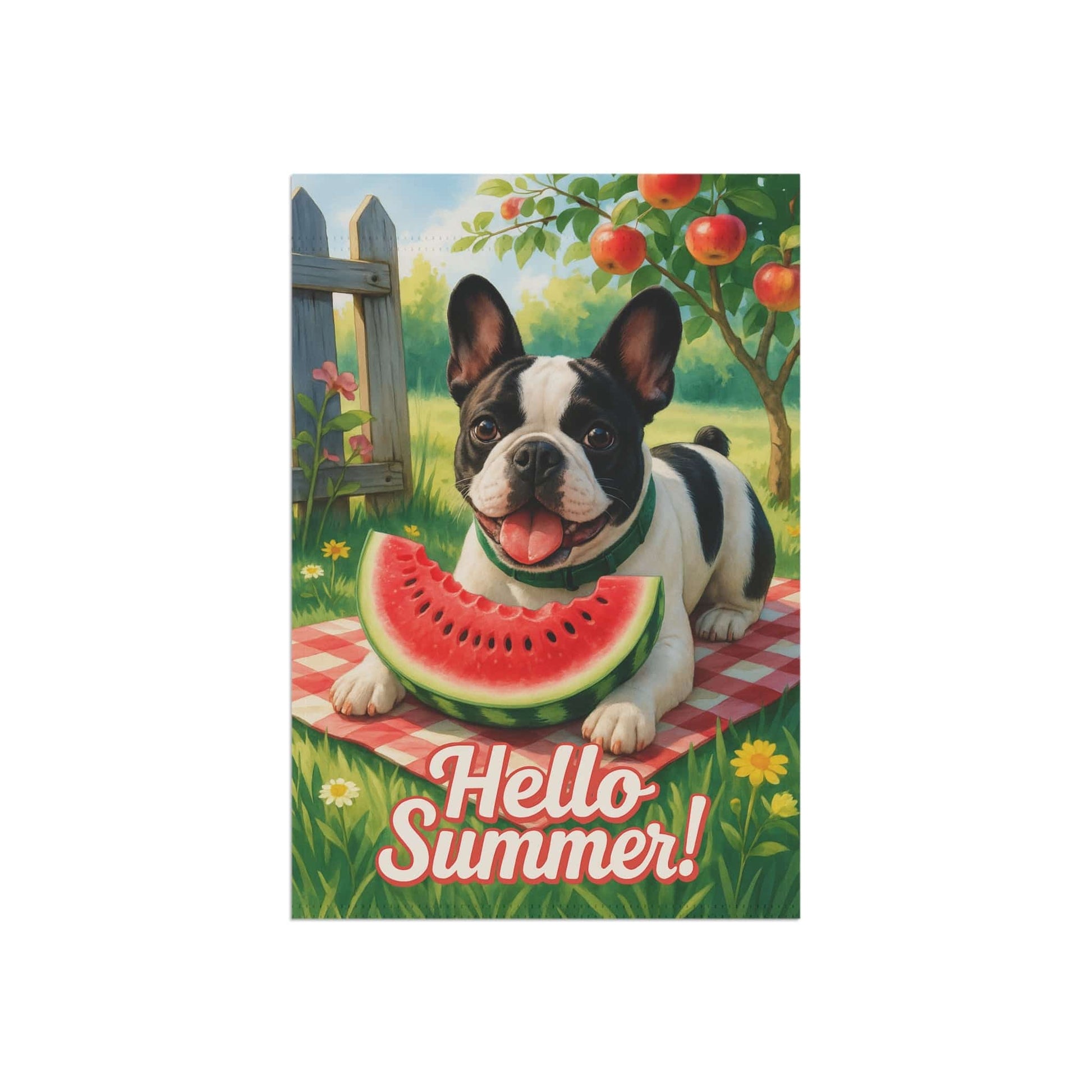 Printify Garden Flag Piebald French Bulldog Watermelon Garden Flag