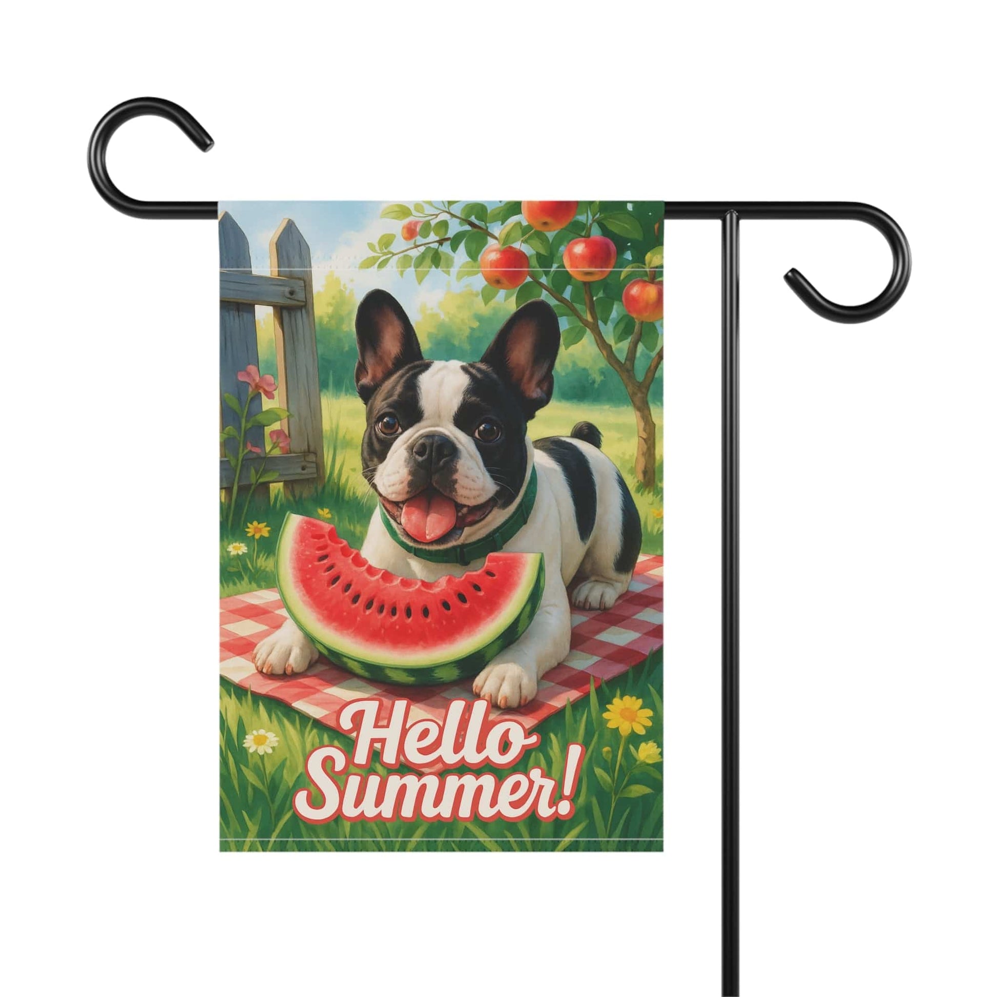 Printify Garden Flag Piebald French Bulldog Watermelon Garden Flag