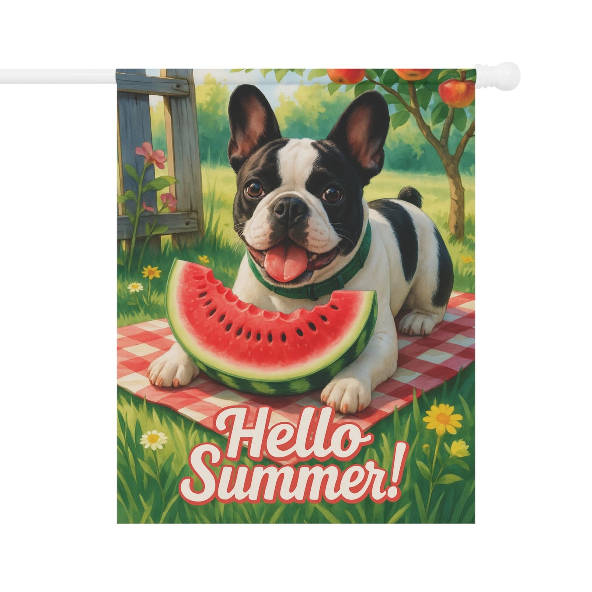 Printify Garden Flag Piebald French Bulldog Watermelon Garden Flag