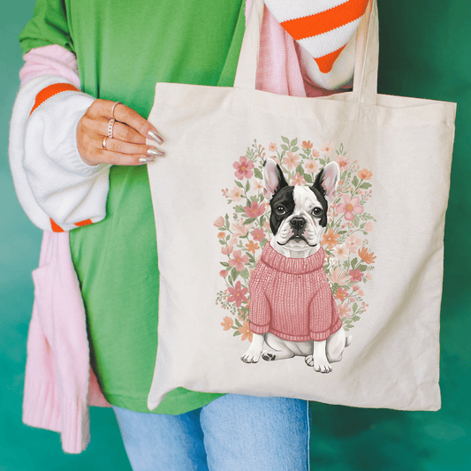 Piebald Frenchie Bouquet Tote Bag Natural 15" x 16"