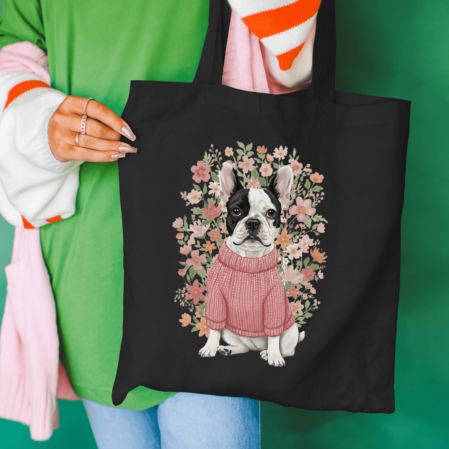 Piebald Frenchie Bouquet Tote Bag Black 15" x 16"