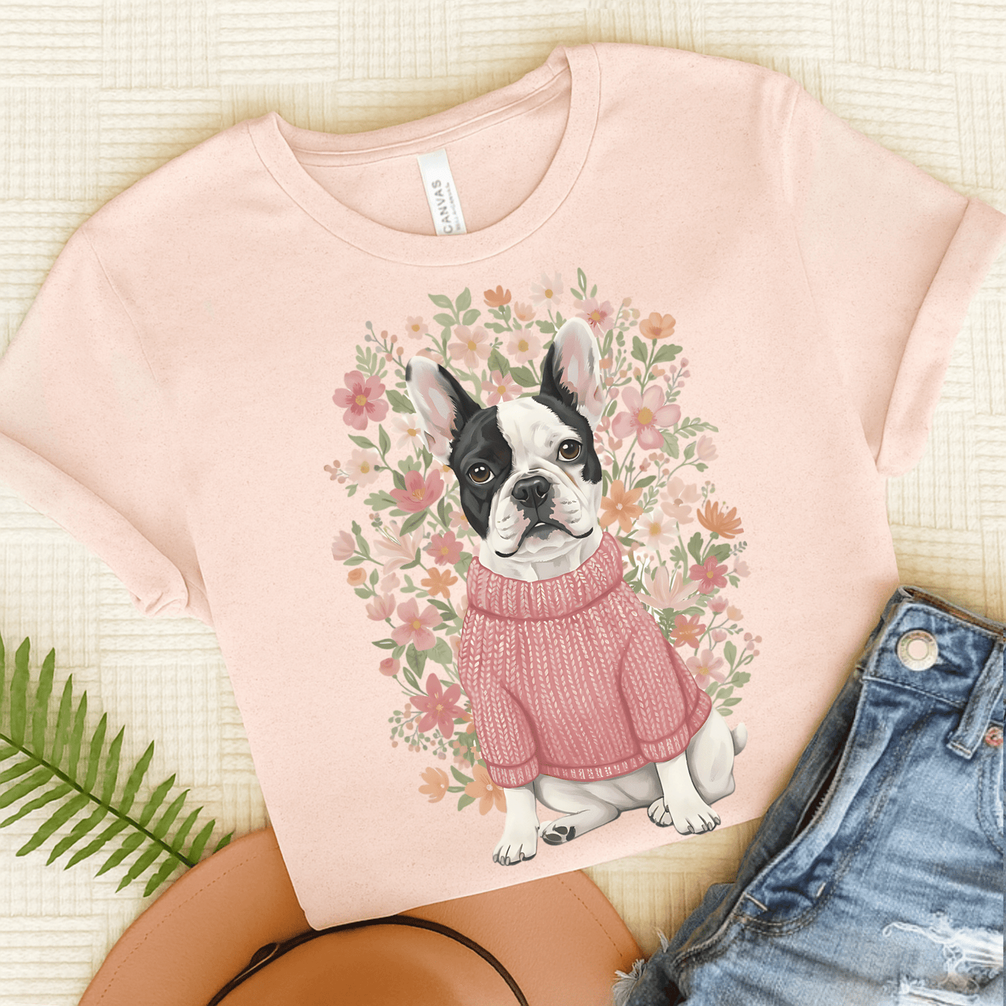 Piebald Frenchie Bouquet Tshirt Soft Pink