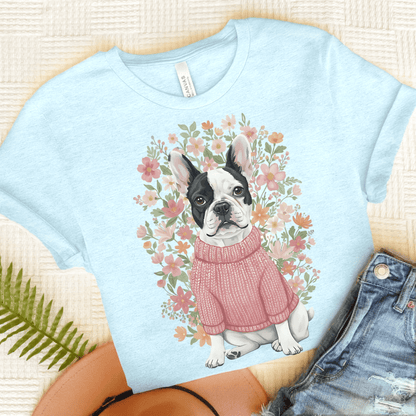 Piebald Frenchie Bouquet Tshirt Heather Ice Blue