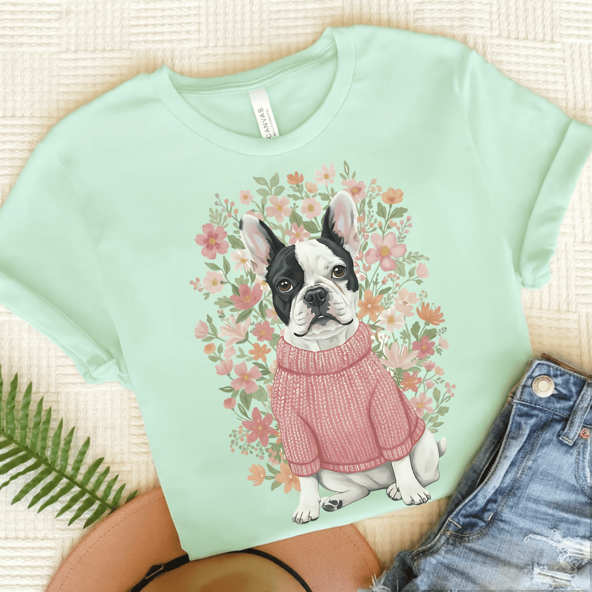 Piebald Frenchie Bouquet Tshirt Heather Mint