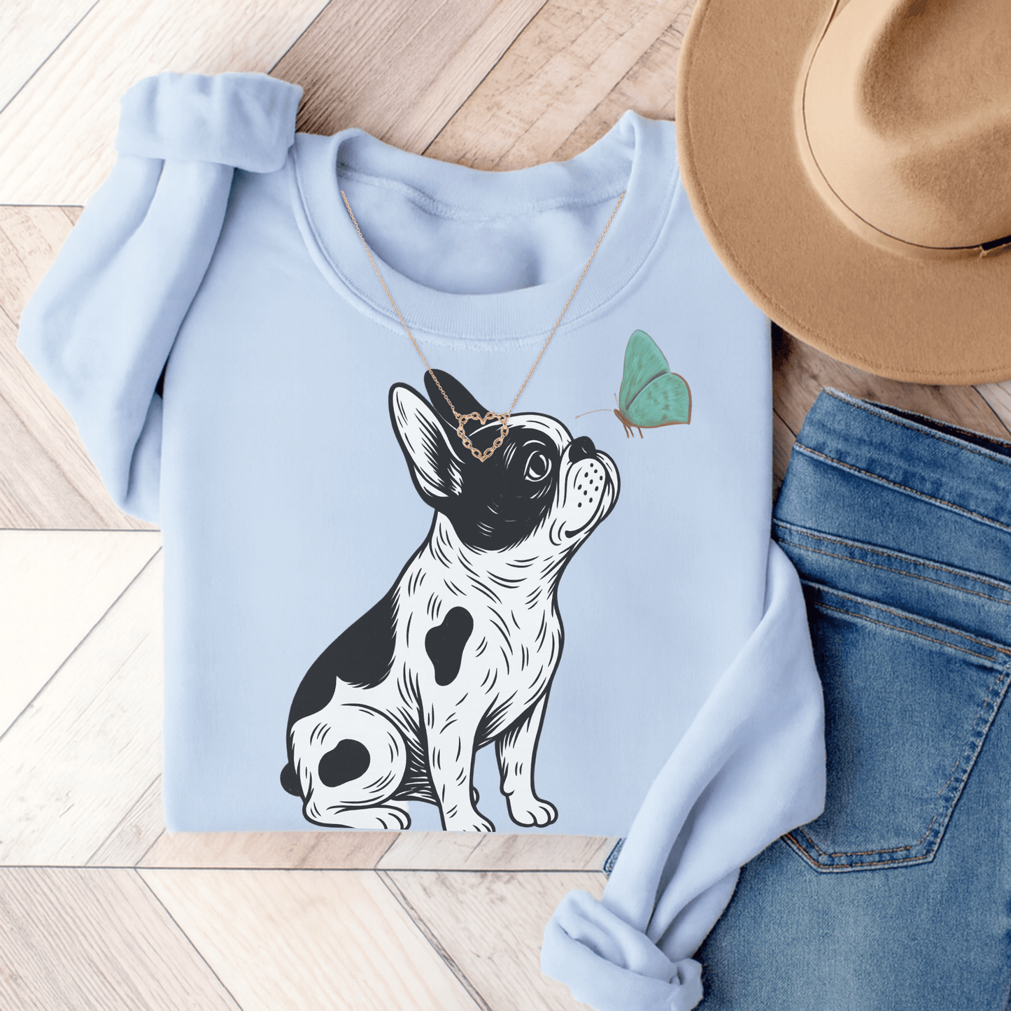 Piebald Frenchie Butterflies Sweatshirt Light Blue
