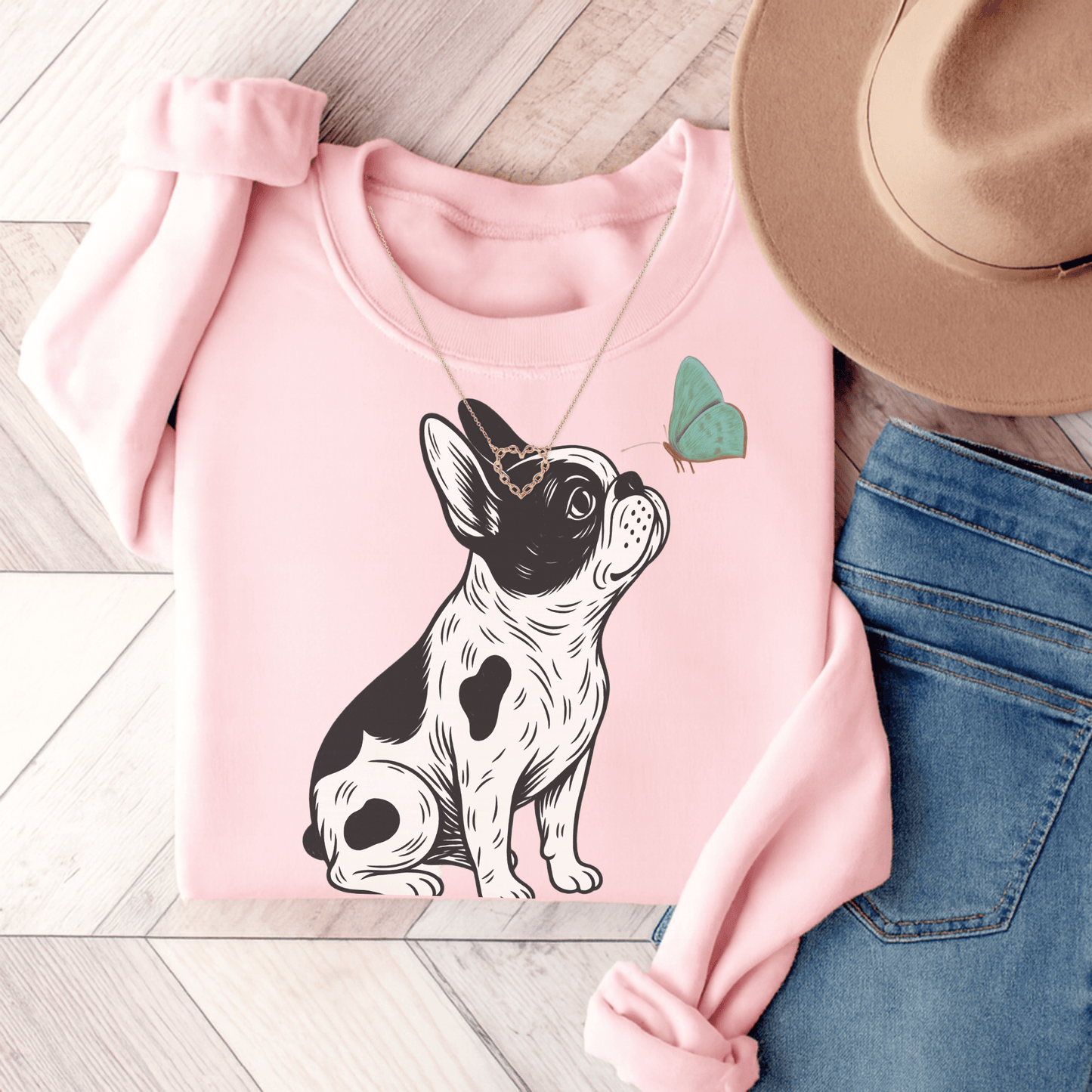 Piebald Frenchie Butterflies Sweatshirt Light Pink